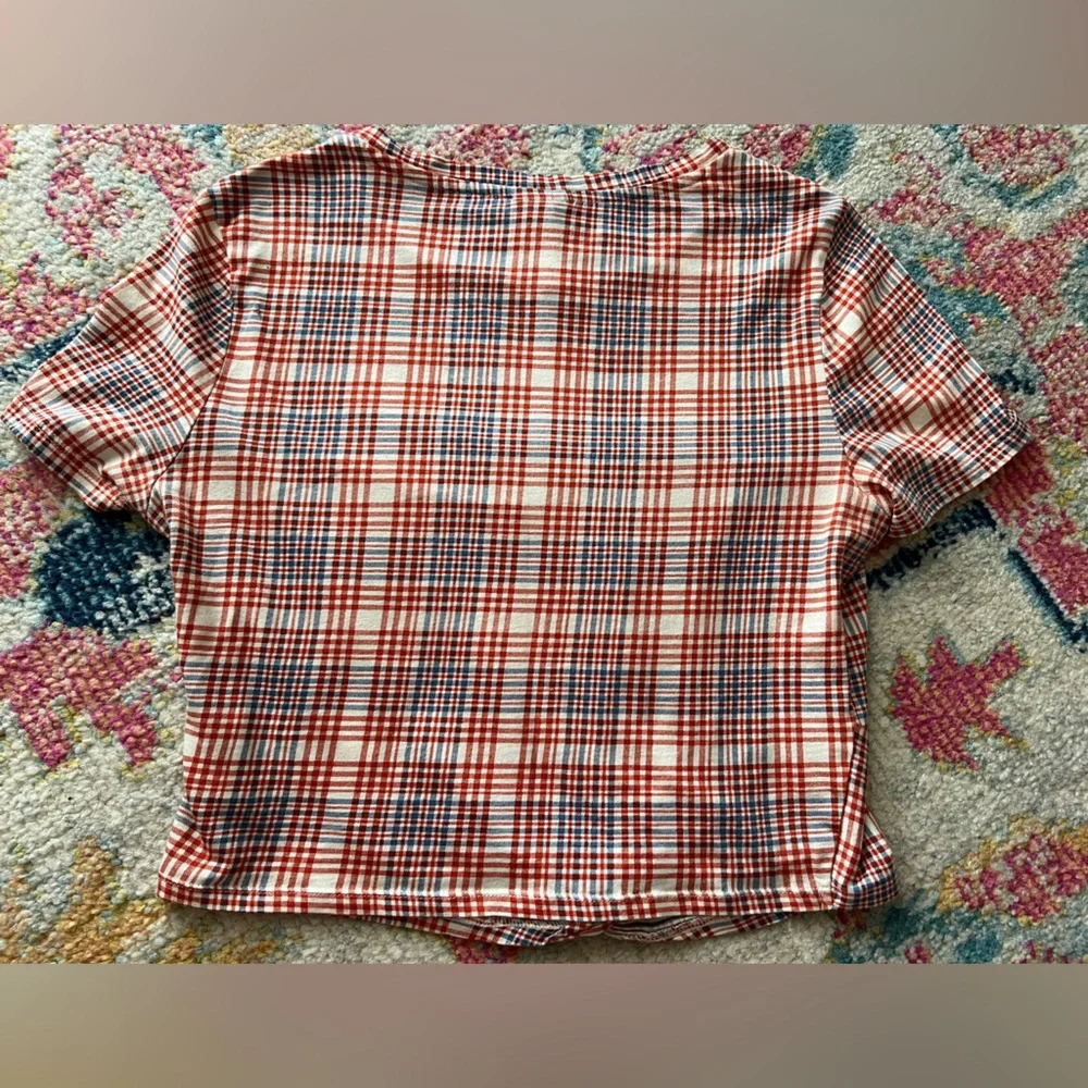 H&M 100% Cotton Plaid Tie Front Crop Top Small
